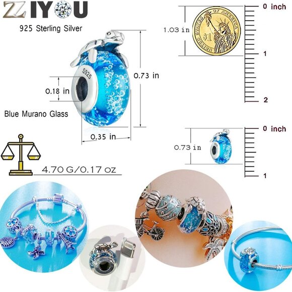 Sea Turtle Charm Sterling Silver with Blue Glass Beads Fit Pandora Ocean Bracele - Picture 4 of 7